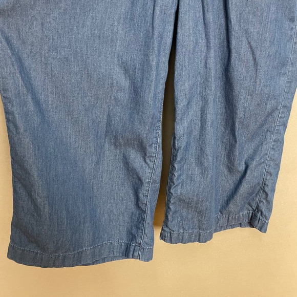 Korean Wide Leg Pants Chambray Cropped Women Cotton Blue Elastic Waist Casual - Picture 4 of 9
